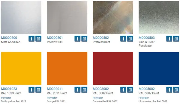 Optional finishes and paint colours